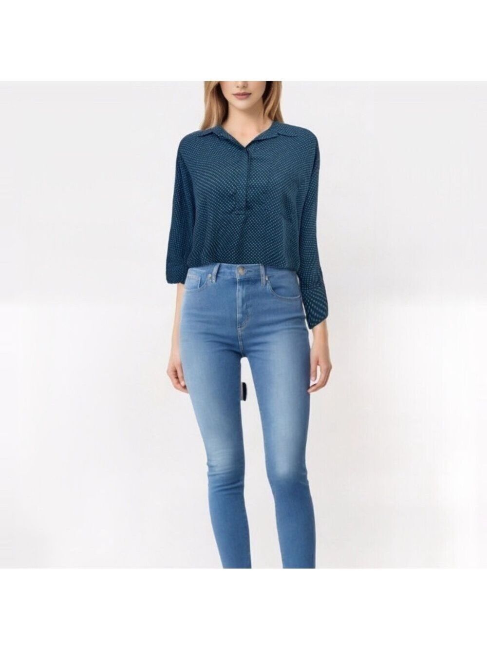Ann Taylor LOFT Black Blue Polka Dot 3/4 Sleeves Blouse Pullover Sz M Career